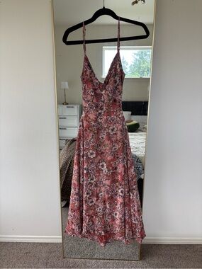 Lulu's Rose Pink Floral V-Neck Midi Slip Dress